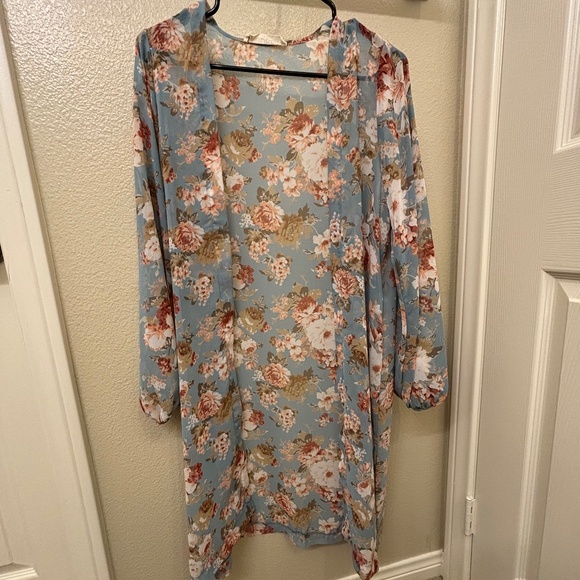 Teal flower chiffon kimono - Picture 1 of 1